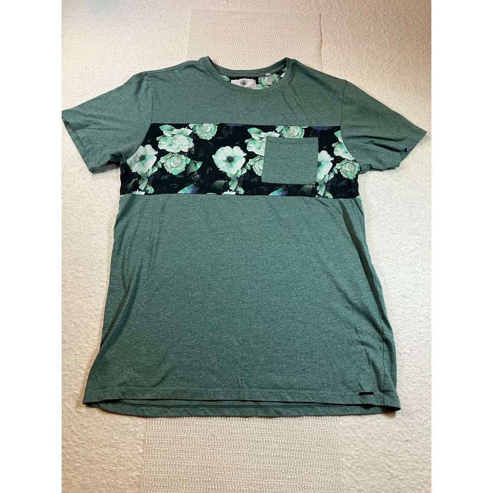 On The Byas Mens Green Floral Chest Stripe Pocket T-Shirt Size M Tee